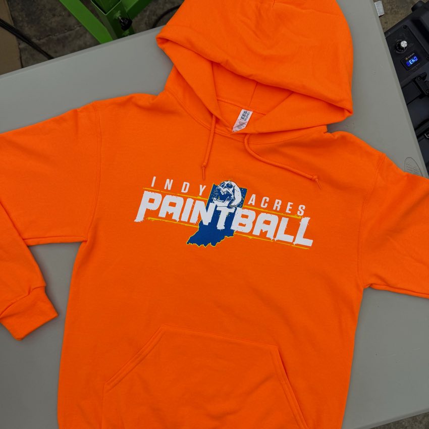 Safety orange hoodie printed with the white, blue and yellow Indy Acres Paintball logo