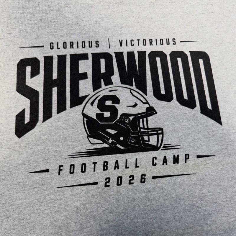 Gray tee printed in black with the Sherwood Football Camp 2026 helmet design
