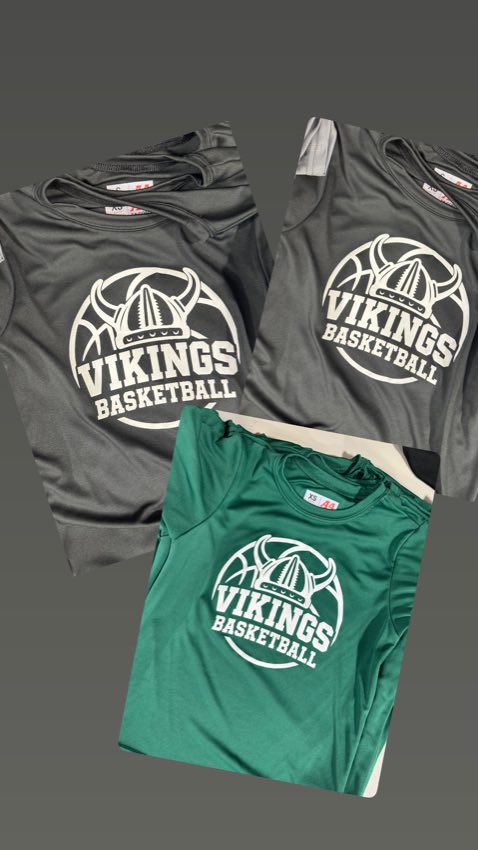 Gray and green Vikings Basketball shirts printed with a white basketball logo